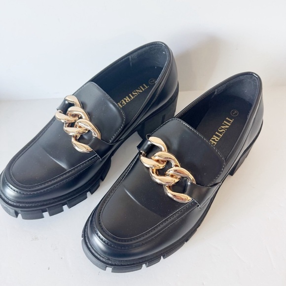 TINSTREE Platform Black Loafers Chain Sz 7 Chunky Heel Slip On Round Toe Shoes - Picture 13 of 14